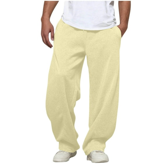 Sweatpants for Men Casual Baggy Track Pants Solid Color Open Bottom Trousers with Pockets, Beige, L
