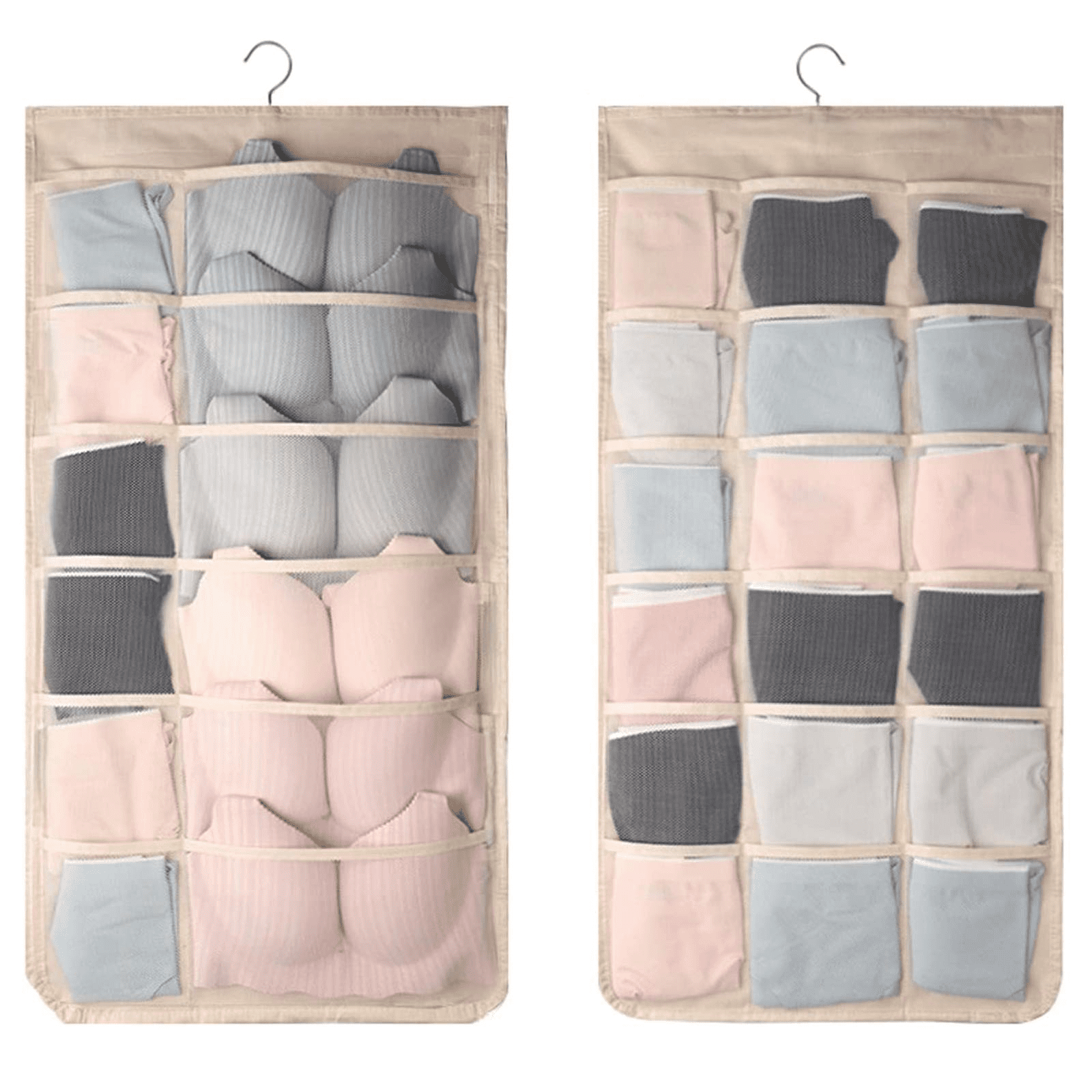 30 Mesh Pockets Hanging Storage Organiser with Metal Hanger for Underwear Socks 