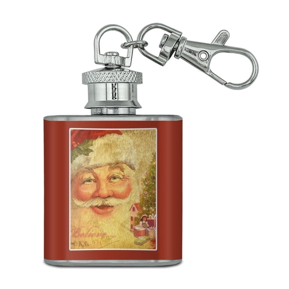 Christmas Holiday Retro Antique Santa Believe Stainless Steel 1oz Mini Flask Key Chain