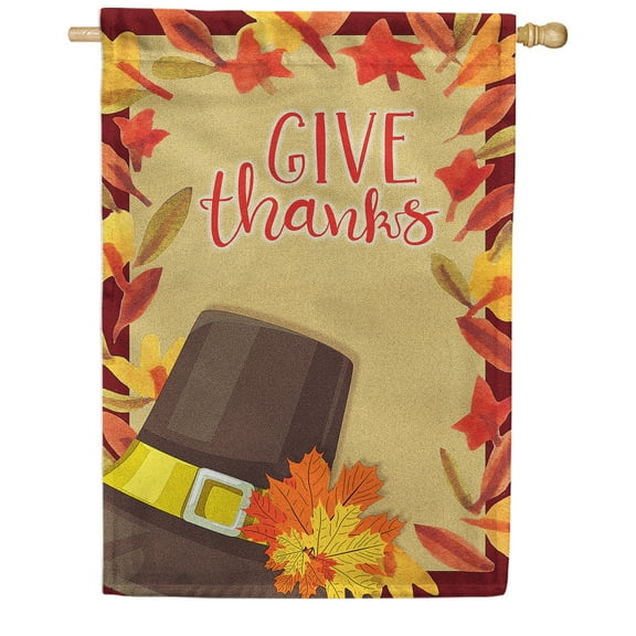 America Forever Give Thanks House Flag 28 x 40 inch Happy Thanksgiving Pilgrim Hat Fall Leaves Autumn Farmhouse Double Sided Outdoor Yard Decoration