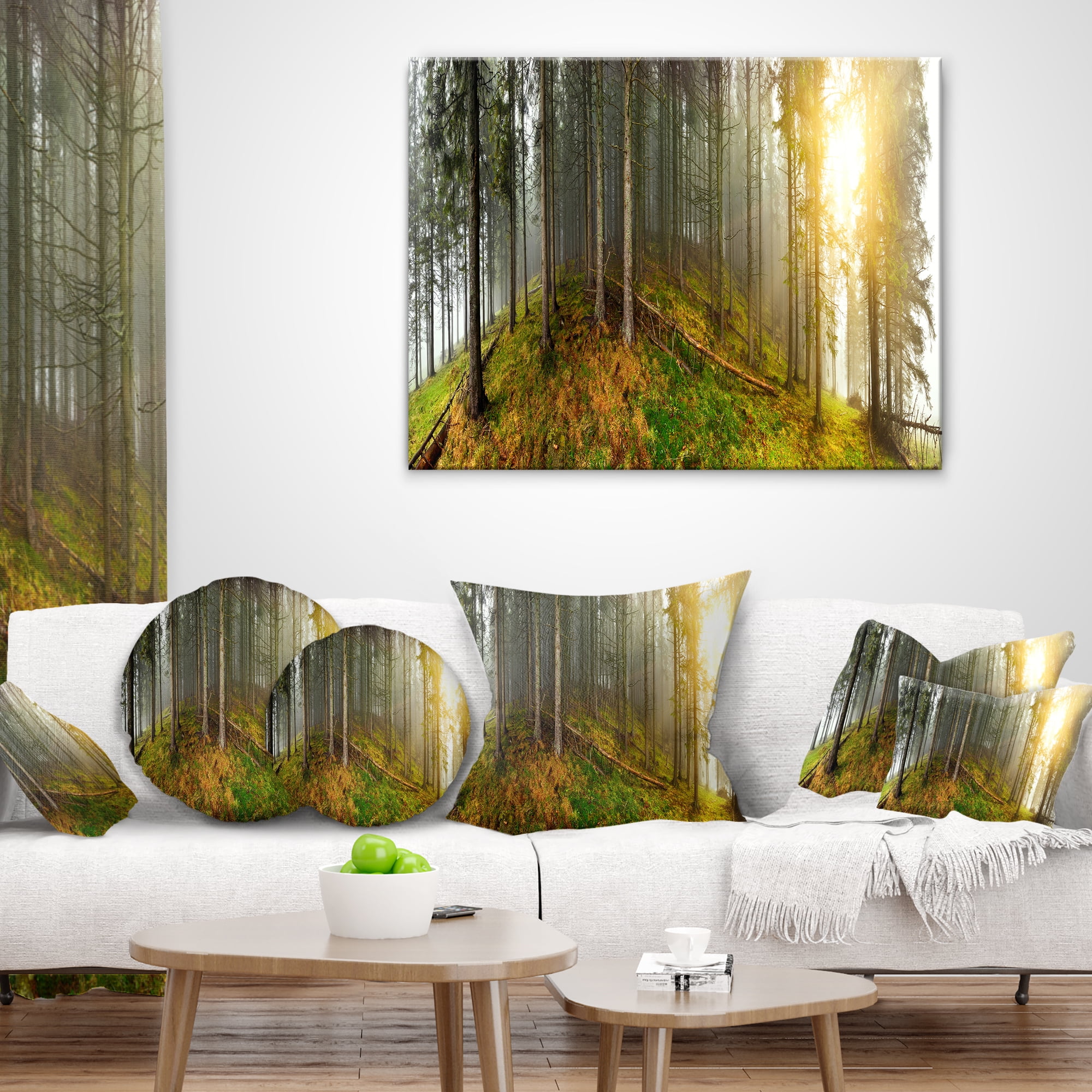 Designart Early Morning Sun in Forest - Landscape Photography Throw Pillow - 12x20