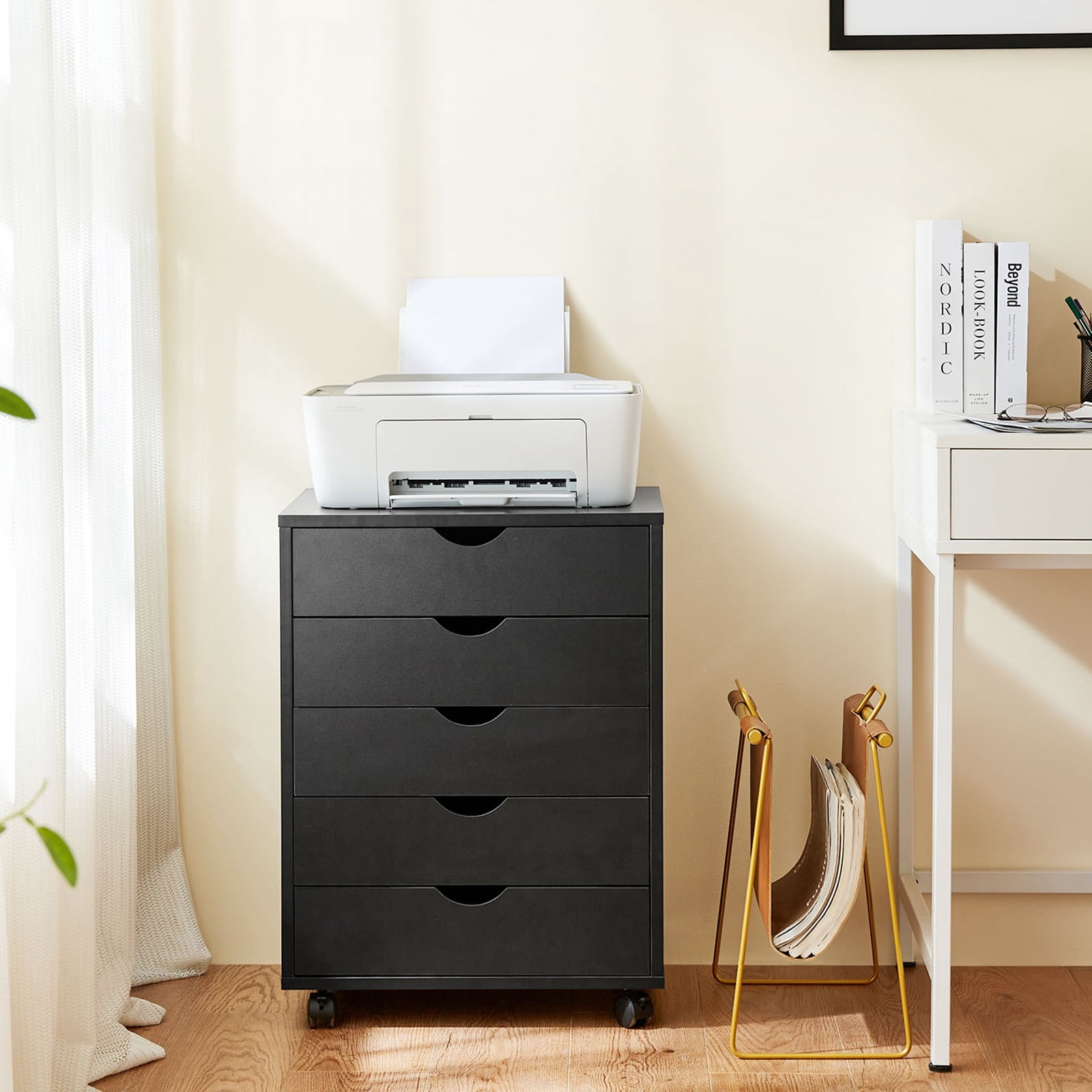 LIFERECORD 5-Drawer Chest, Wood Storage file Cabinet Rolling Storage Dresser with Wheels for Home Office, Black