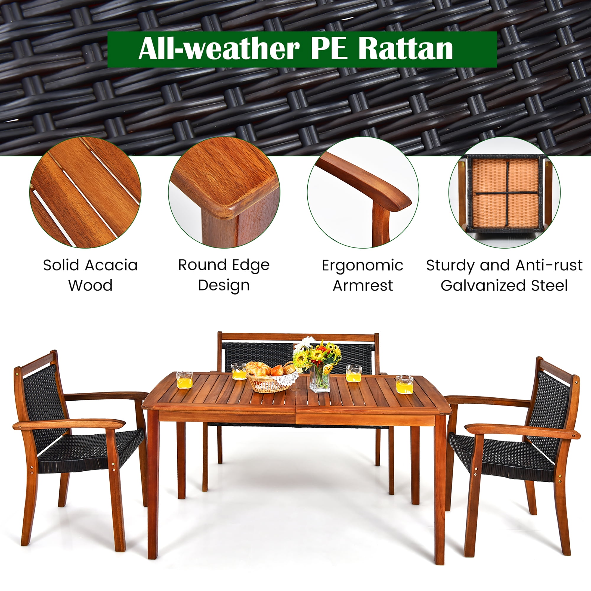Costway 4PCS Patio Rattan Dining Furniture Set Acacia Wood Frame Stackable Chair Loveseat