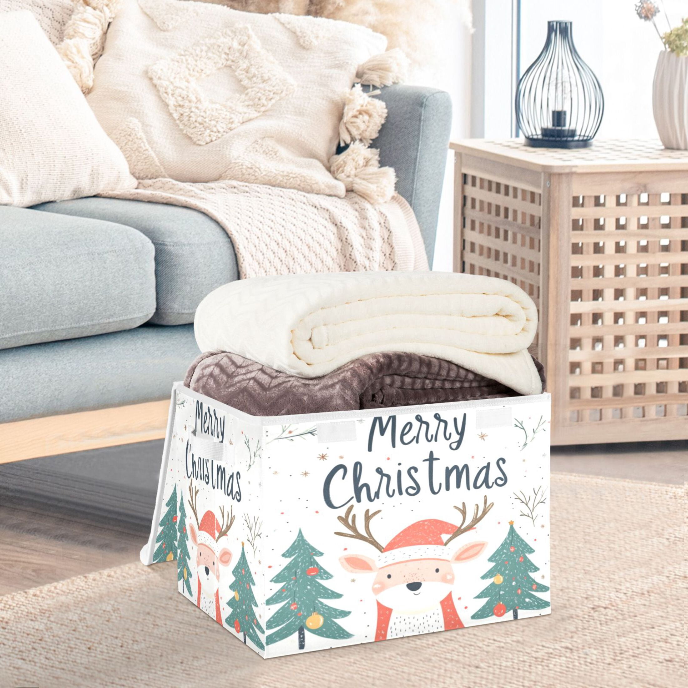 Storage Box With Lid 16.5x12.6x11.8In Foldable Stacked Household Storage Box Christmas Deer Pictures