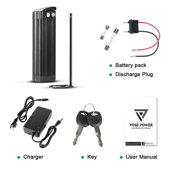 YOSE POWER 48V 15AH Lithium Ebike Battery Seat Tube 250W 350W 500W 750W 1000W Bicycle Electric Bike Battery with Charger 2Pins Discharge Port 30A BMS Silverfish E Bike Batteries