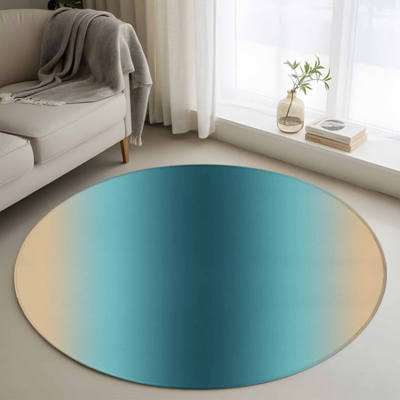 Teal Green Khaki Ombre 3.3ft Round Rug, Modern Abstract Art Gradient Non-Skid Rubber Backing Large Area Rugs - Living Room Bedroom Home Office, Indoor Floor Mat Carpets Washable Rug