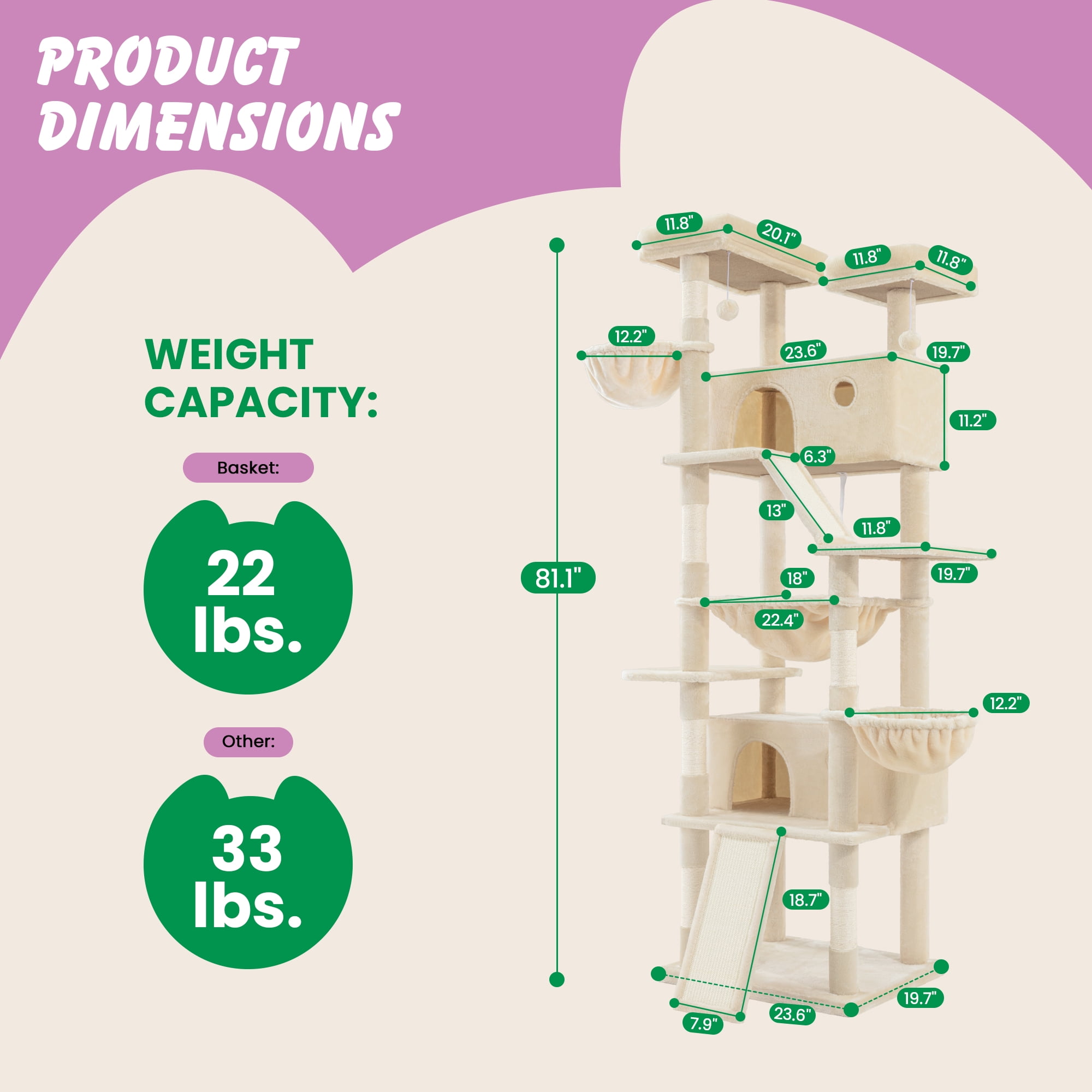 Merrland 81" Multi-Level Large Cat Tree Tower for Indoor Kittens, Cat Condo with Hammock & Sisal Scratching Posts, Beige