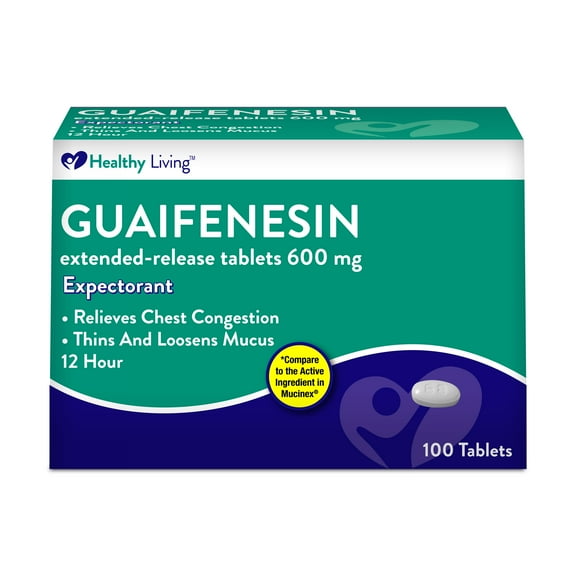 Healthy Living Guaifenesin Cough and Profile. Mucus Relief Extended-Release Tablets, 600 mg, 12 Hour Expectorant Caplet, 100 Count