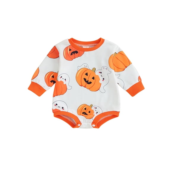 Liacowi Baby Girls Halloween Romper Pumpkin Ghost Print Long Sleeve Onesie 3 6 12 18 24 Months Newborn Spring Autumn Bodysuits Infant Halloween Costume