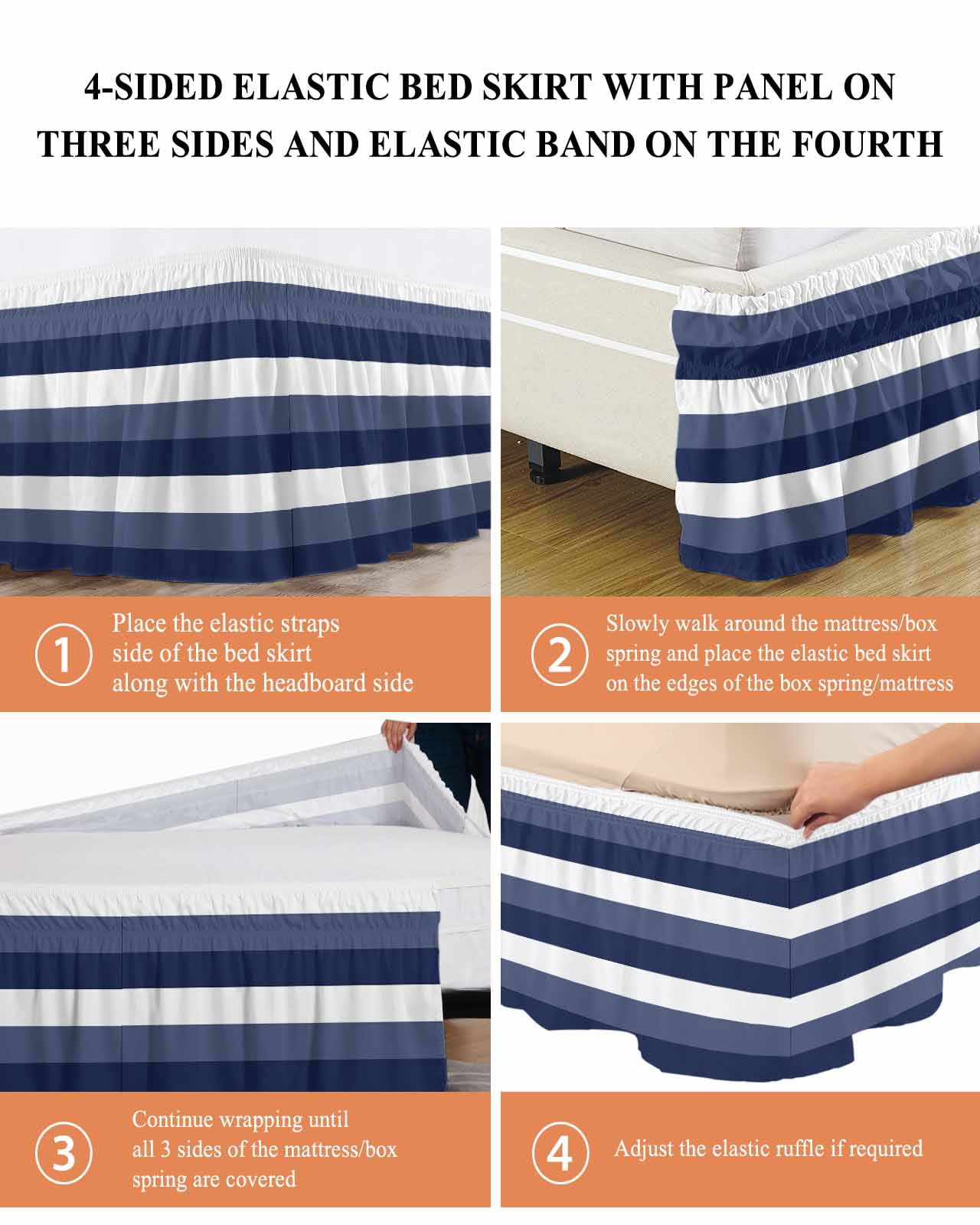 Navy Blue White Striped Wrap Around Bed Skirts for King Bed 18" Drop, Bed Skirt with Adjustable Elastic Belt Dust Ruffle Bed Valance for Bedroom Hotel Luxury Farmhouse Stripes Bed Frame Cover
