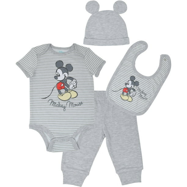 Disney Mickey Mouse Infant Baby Boys 4 Piece Outfit Set Bodysuit Pants Bib Hat White/Gray 12