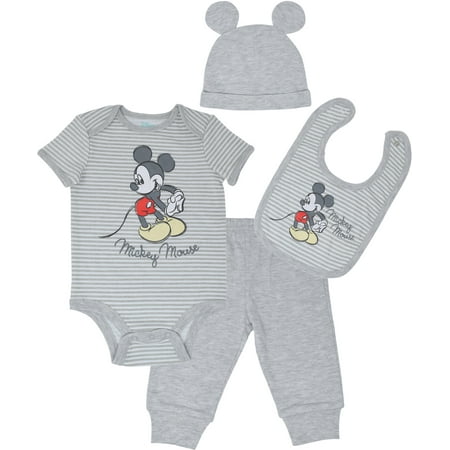 

Disney Mickey Mouse Newborn Baby Boys 4 Piece Outfit Set: Bodysuit Pants Bib Hat White/Gray 0-3 Months