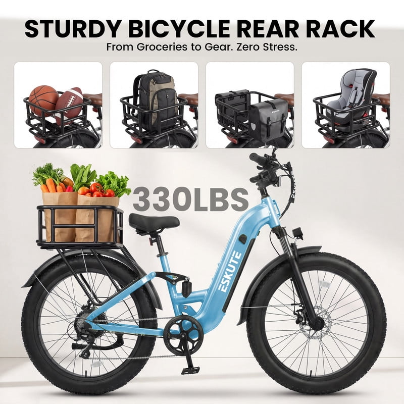 ESKUTE C300 1500W Electric Bike for Adults, 48V 20.8Ah Battery, 32MPH, 80 Miles Range, 26"x4.0" Fat Tire Step-Thru Ebike, Full Suspension Electric Bicycle, 8-Speed Blue, UL2849