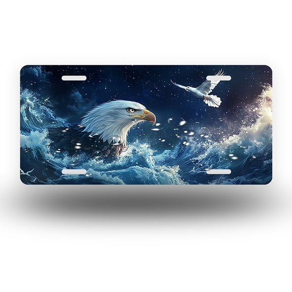 License Plate,Eagle and Dove in Starry Waves Decorative Front,Personalized Stainless Steel License Plate Cover For Men Women,12.2" X 6.2"
