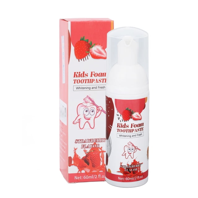 Pasta dental en espuma para niños, 60 ml, sabor a fresa, rica en calcio, blanqueadora dental, refrescante y con aliento.