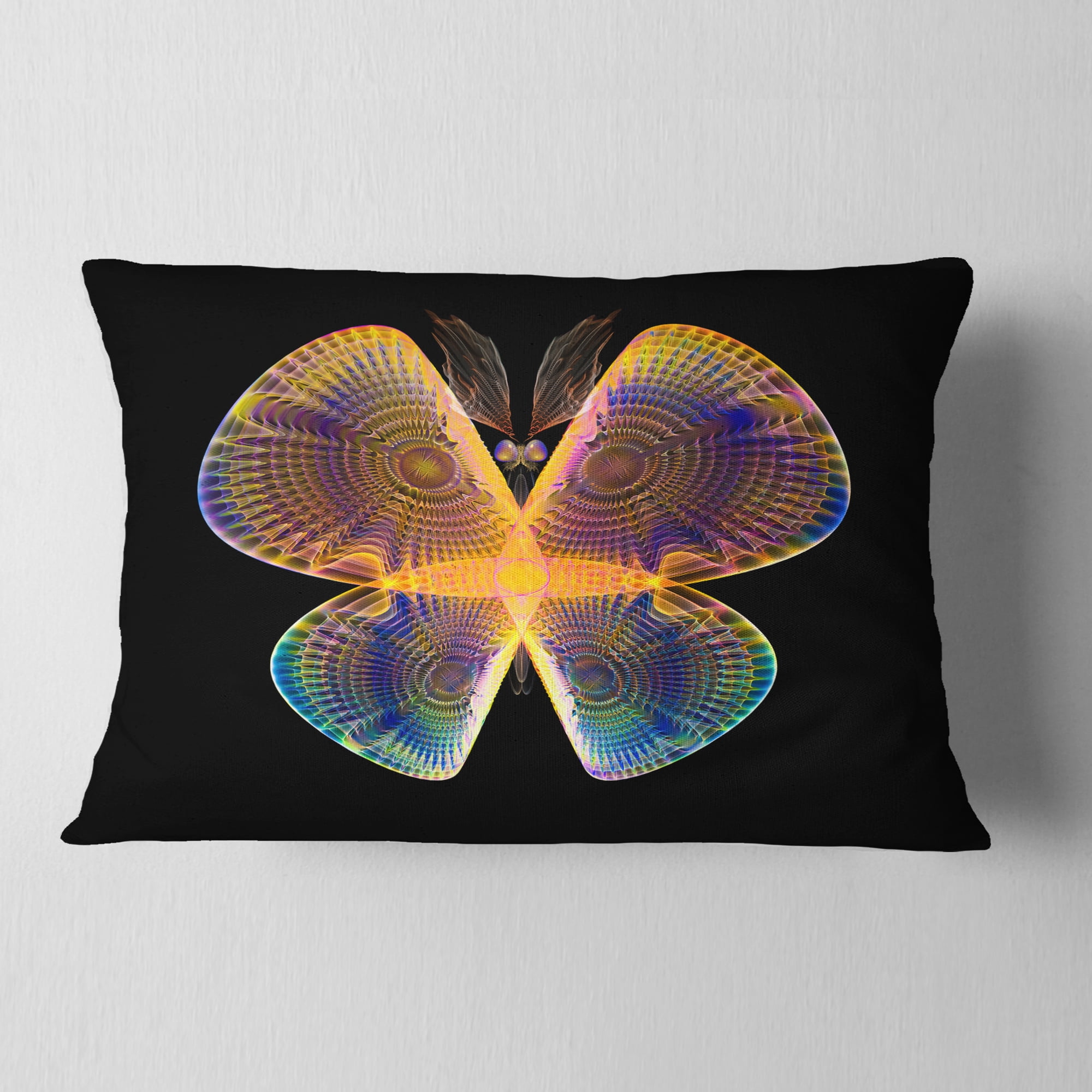 Designart Blue Yellow Fractal Butterfly in Dark - Abstract Throw Pillow - 12x20