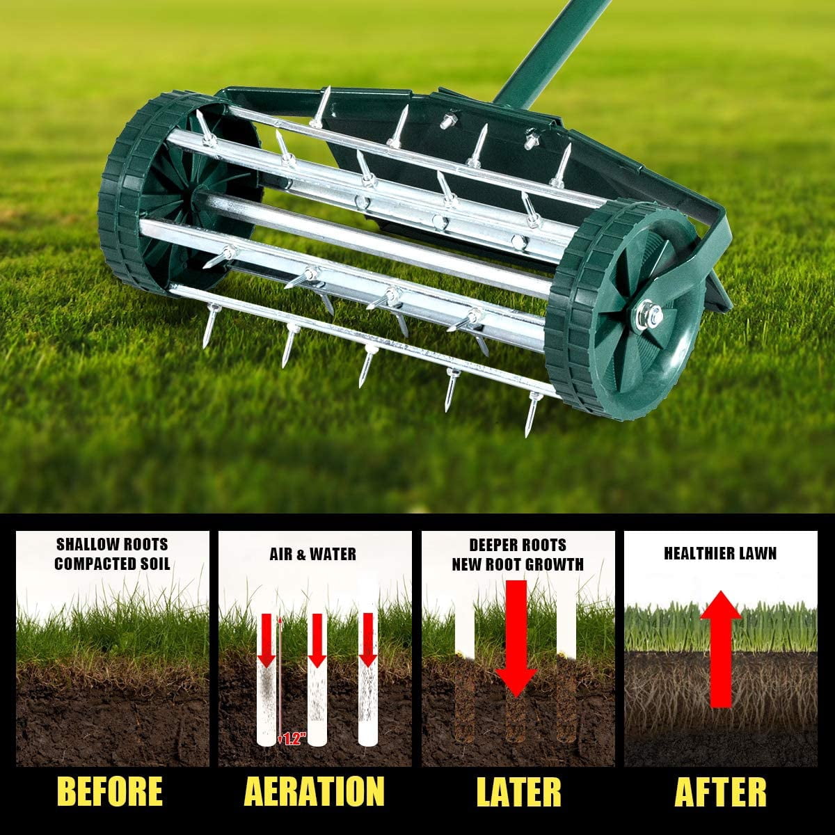 Rolling Lawn Aerator, 18-Inch Garden Yard Rotary Push Tine Heavy Duty Spike Soil Aeration, Manual Aeration Tool w/ 41-Inch Handle (Green w/Fender)