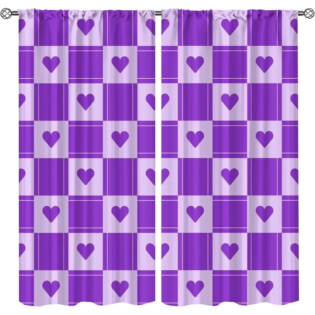 Geometric Mosaic Grid Tile Window Curtains, Purple Love Heart Pattern Rod Pocket Curtains 2-Panel Set, Foldable Lightweight Breathable Couple Window Treatments for Living Room Bedroom-W84xL84in