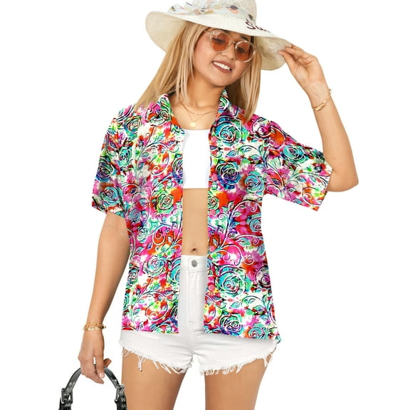 HAPPY BAY Women's Floral Beach Hawaiian Blouses Shirt V Neck Blouse Short Sleeve Button Down Dress Tops Tee Shirts for Women L Allover Rose, Pink