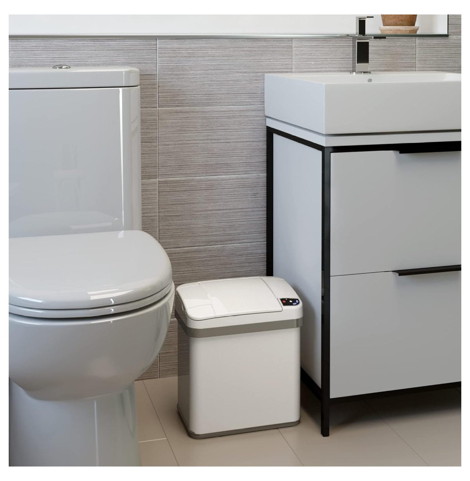 2.5 Gallon Sensor Bathroom Trash Can with Odor Filter and Fragrance Home Office 9.5L White Wastebasket Rectangular Stainless Steel Automatic Small Sensor Garbage Bin with Lid.