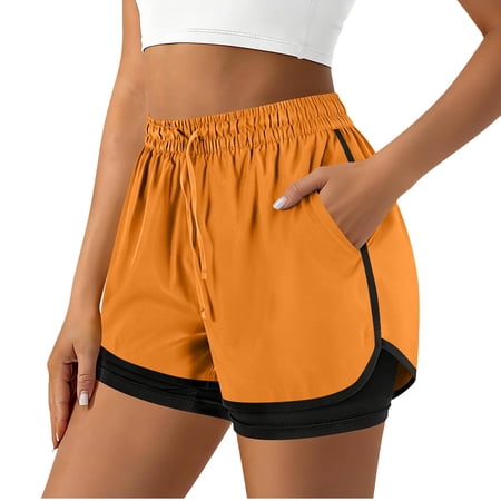 SAFUNY Women s Contrast Trim Athletic Shorts Pocketed Workout Bottoms Orange M