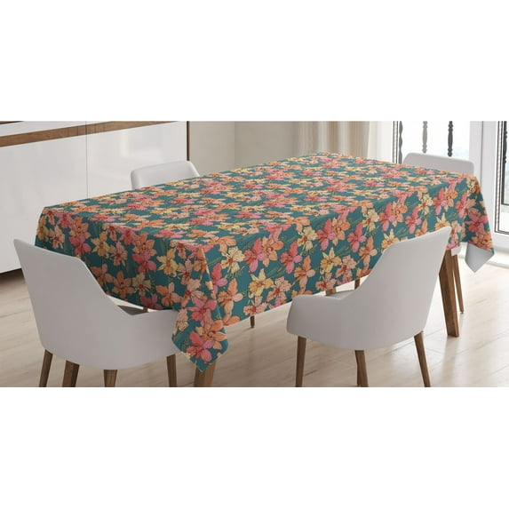 Floral Tablecloth, Graphical Pattern of Budding Summer Time Orchid Flowers Soft Colored, Rectangle Satin Table Cover for Dining Room and Kitchen, 60" X 90", Slate Blue Coral Salmon, by Ambesonne