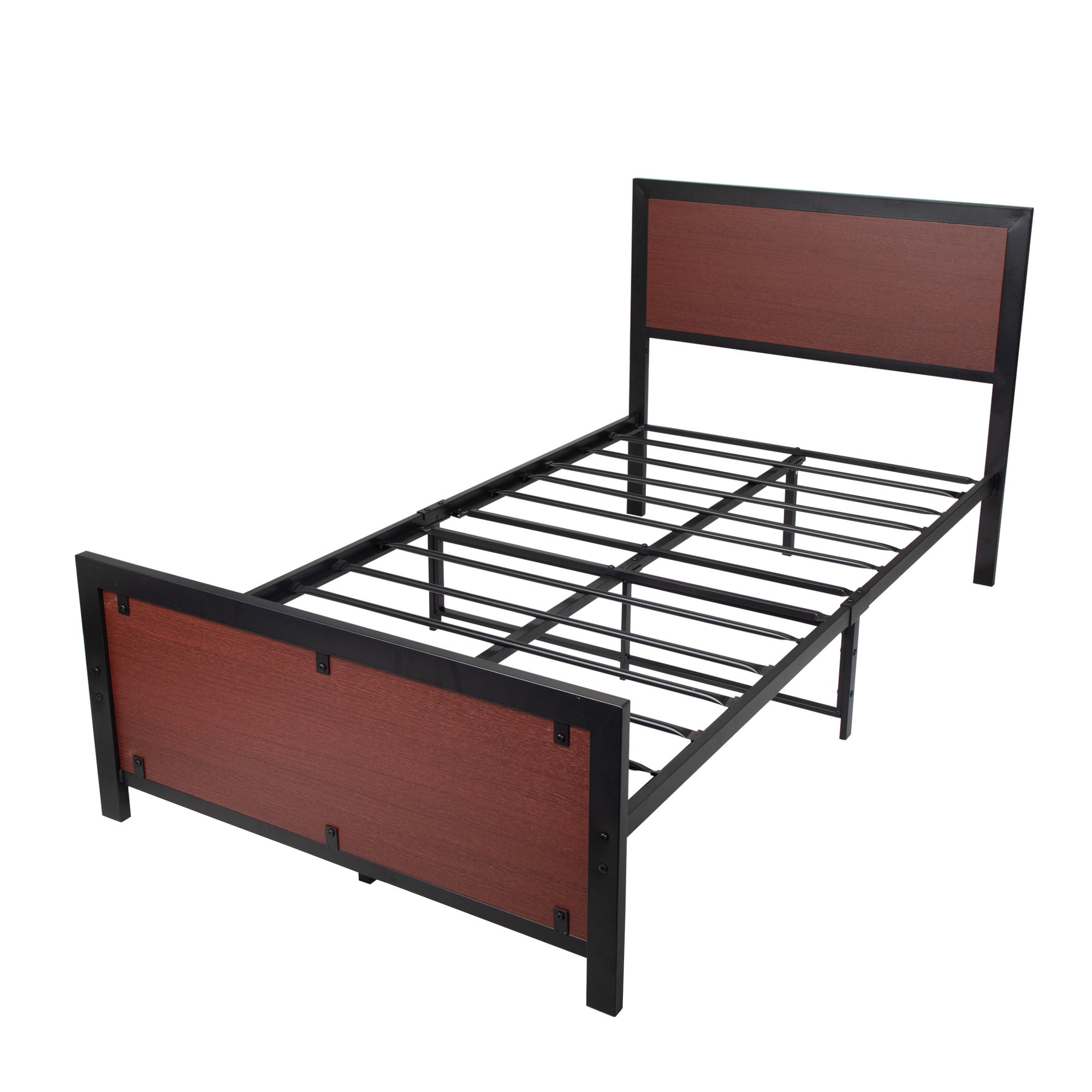 Heavy Duty Queen Bed Frame with with Wood Headboard and Metal Slats, Brown