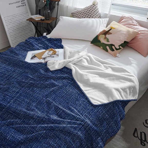 Fleece Blanket Navy Blue Retro Linen Blankets, Soft Cozy Warm Flannel Throw Blanket, Solid Color Blanket for Bed Couch Sofa,60x80In