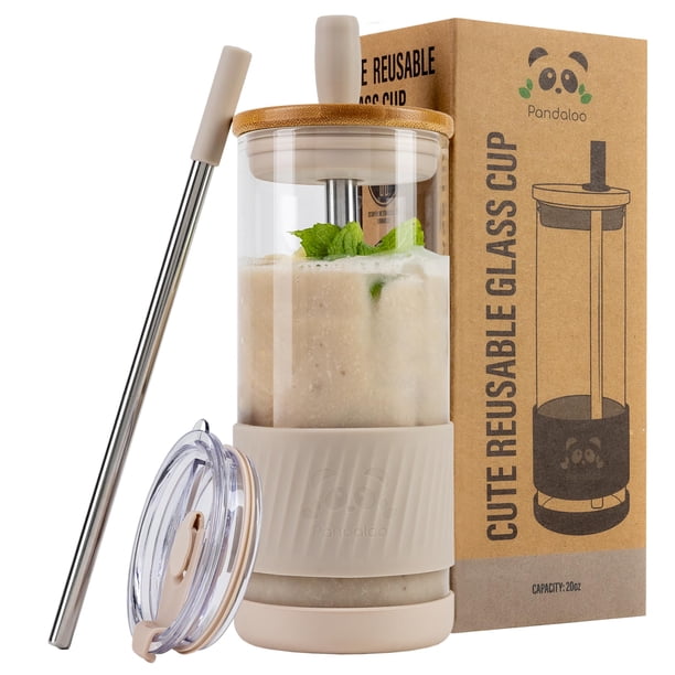 Vasos de vidrio Pandaloo con tapas y pajitas, 600 ml, cremosos hongos