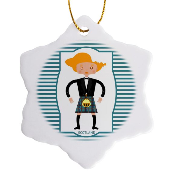 3drose, Man in Scotland Wear Skirts Called Kilts Made of Woollen Cloth in a Tartan Pattern, 3 inch Snowflake Porcelain Ornament