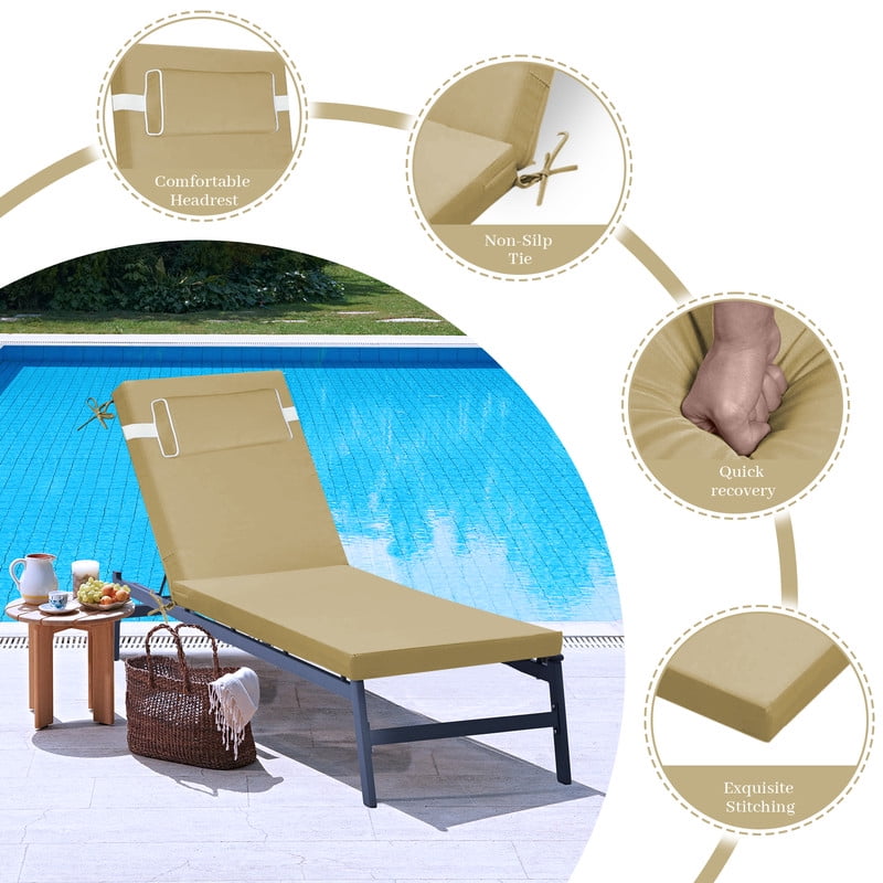Outdoor Chaise Lounge Cushion, High-Density Foam Fill Patio Furniture Bench Cushions with Ties, Thicken Waterproof Replacement Back Chaise Cushions for Pool, Sand Beach (Beige)