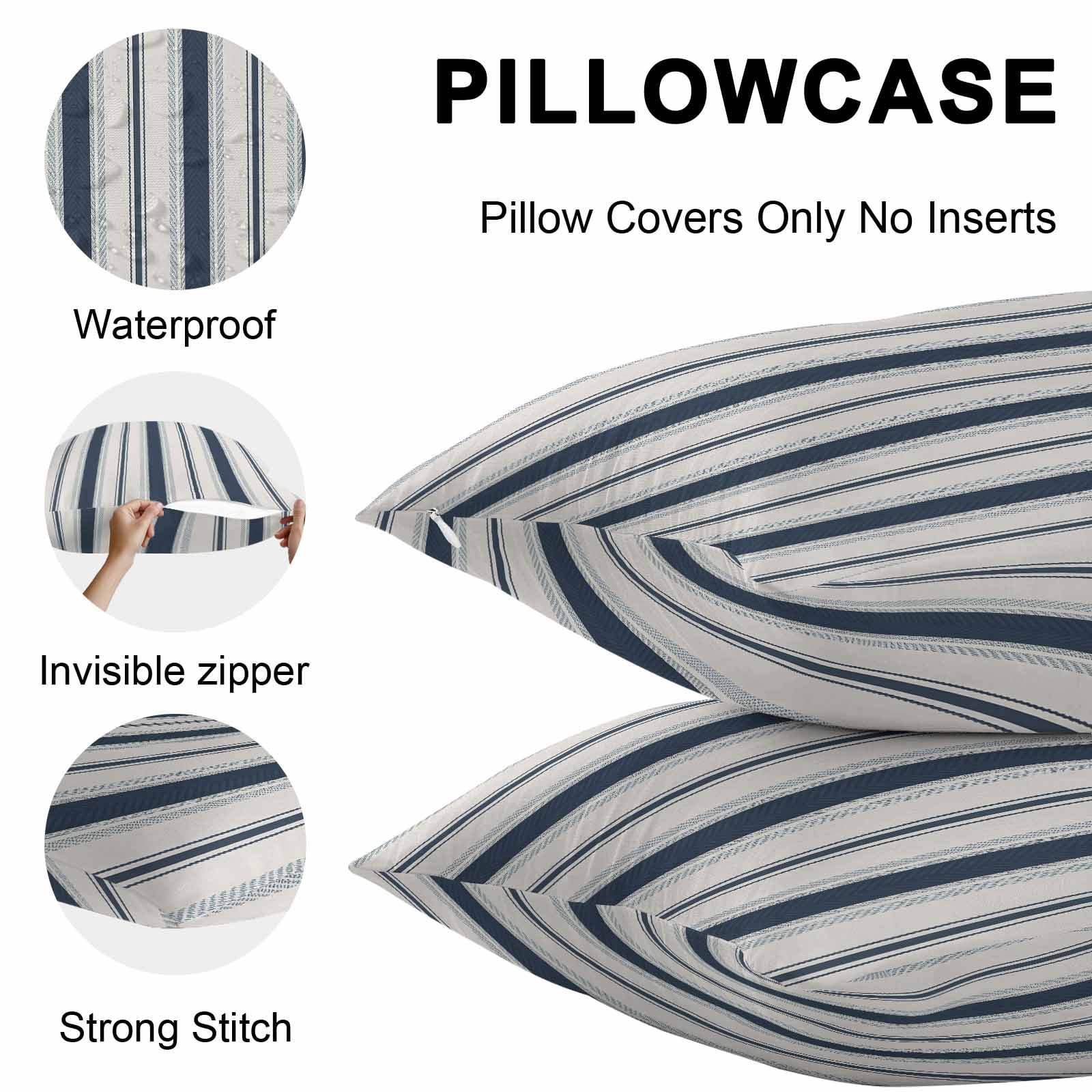 Navy Blue Beige Outdoor Pillow Covers 24x24 Inch Throw Pillow Covers Set of 2 Waterproof Decorative Pillow Cases Retro Simple Abstract Vertical Stripes Cushion Covers for Patio Furniture Garden Couch