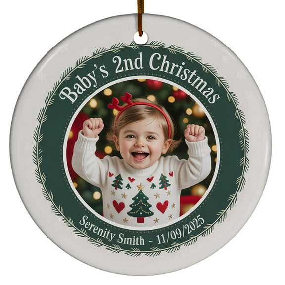 Baby's Second Christmas Glass Ornament 2025, Photo Baby's 2nd Christmas Ornaments, Custom Name Text Photo & Christmas Ornament Gift for Son Daughter Grandkids