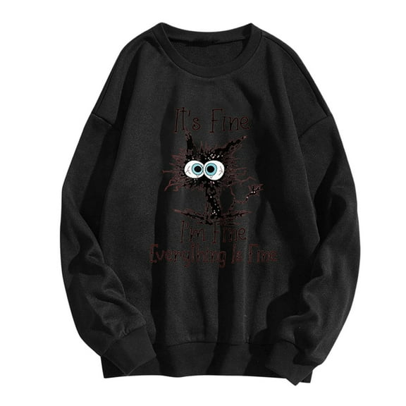 Cute Cat Letter Print Women Sweatshirts Oversize Long Sleeve Crew Neck Pullover Shirt Fall Animal Theme Tops