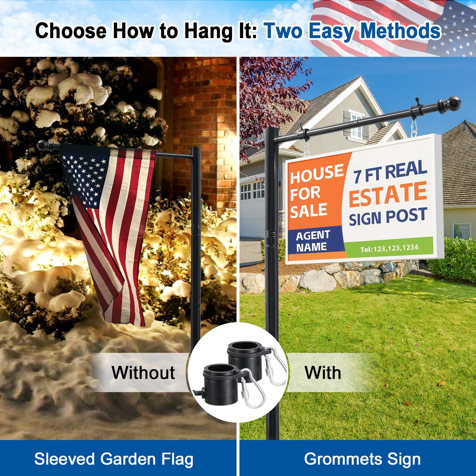 FLY HAWK Real Estate Sign Post 7ft Tall, Realtor Yard Sign Post for Open House and Home for Sale Outside, 32" Arm Holds up to 25" Sign, White (No Sign Included), Black
