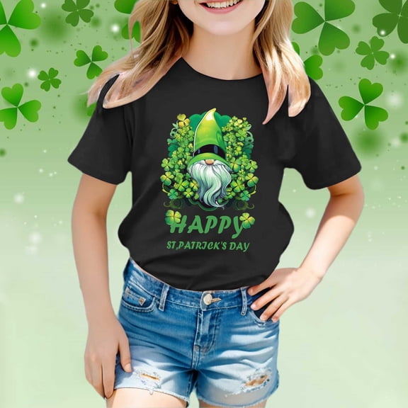JIAYUE St Patricks Day Kids Boys Girls Tops Cartoon Print Short Sleeve Crew Neck Pull-On Lightweight T Shirt For Children Casual Dailywear