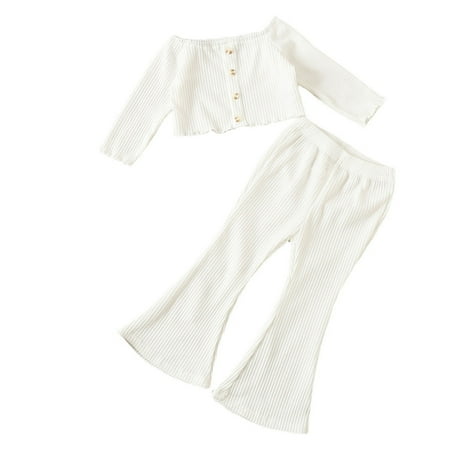 

Little Girl Crop Top Outfits Toddler Kids Children Baby Girls Long Sleeve Solid Ribbed Horizontal Neck Tops Blouse Bell Bottomed Pants Trousers 2PCS Outfit Set Clothes Baby Twin Items