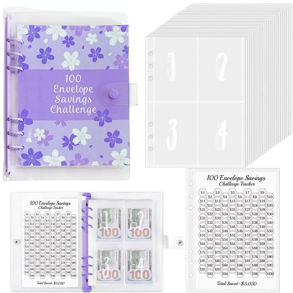 1xBook,100 Day Money Saving Challenge Purple Leaflet,"100 Days Challenge! Loose Leaf Notebook 100 Envelope Challenge A Financial Plan to Help You Develop The Habit of Saving