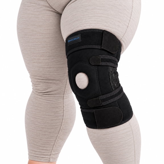 Nvorliy Plus Size Hinged Knee Brace for Men & Women, Adjustable Knee Support for Large Thighs, Dual Side Hinges, Open Patella Stabilizer, One Size Fits XL–3XL, Black