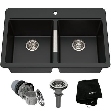 KRAUS 33 Inch Dual Mount 50/50 Double Bowl Granite Kitchen Sink w/ Topmount and Undermount Installation in Black (Best Type Of Kitchen Sink)