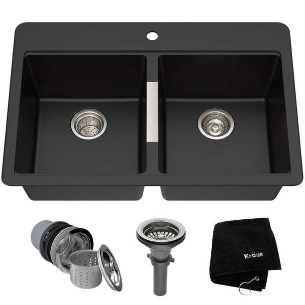KRAUS 33 Inch Dual Mount 50/50 Double Bowl Granite Kitchen Sink w