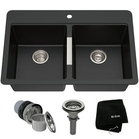 Kraus 33 Inch Dual Mount 50/50 Double Bowl Granite Kitchen Sink w/ Topmount and Undermount Installation in Black Onyx