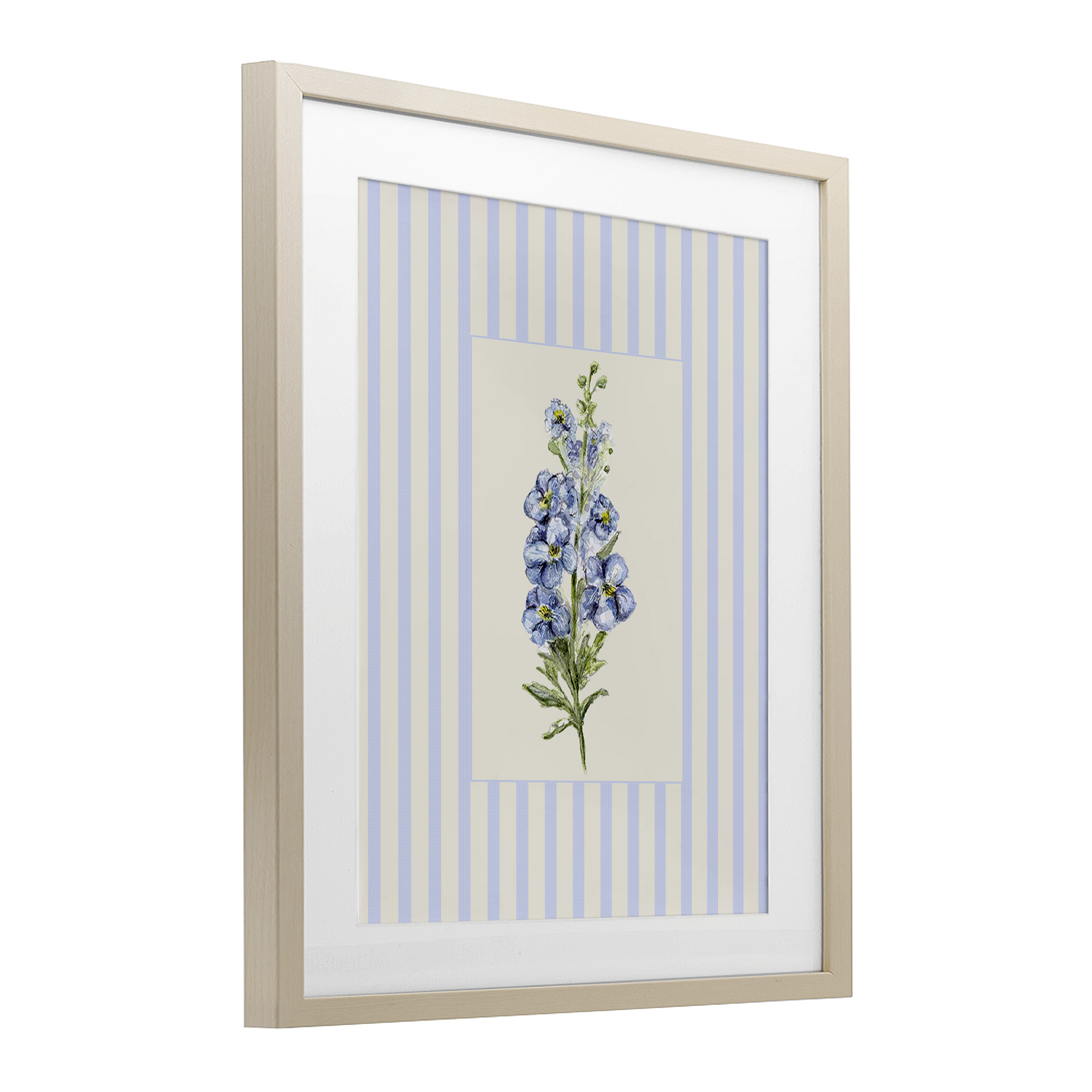 Blue Stripe Larkspur Birch Framed Print Under Glass, design by Lisa Wehmeyer