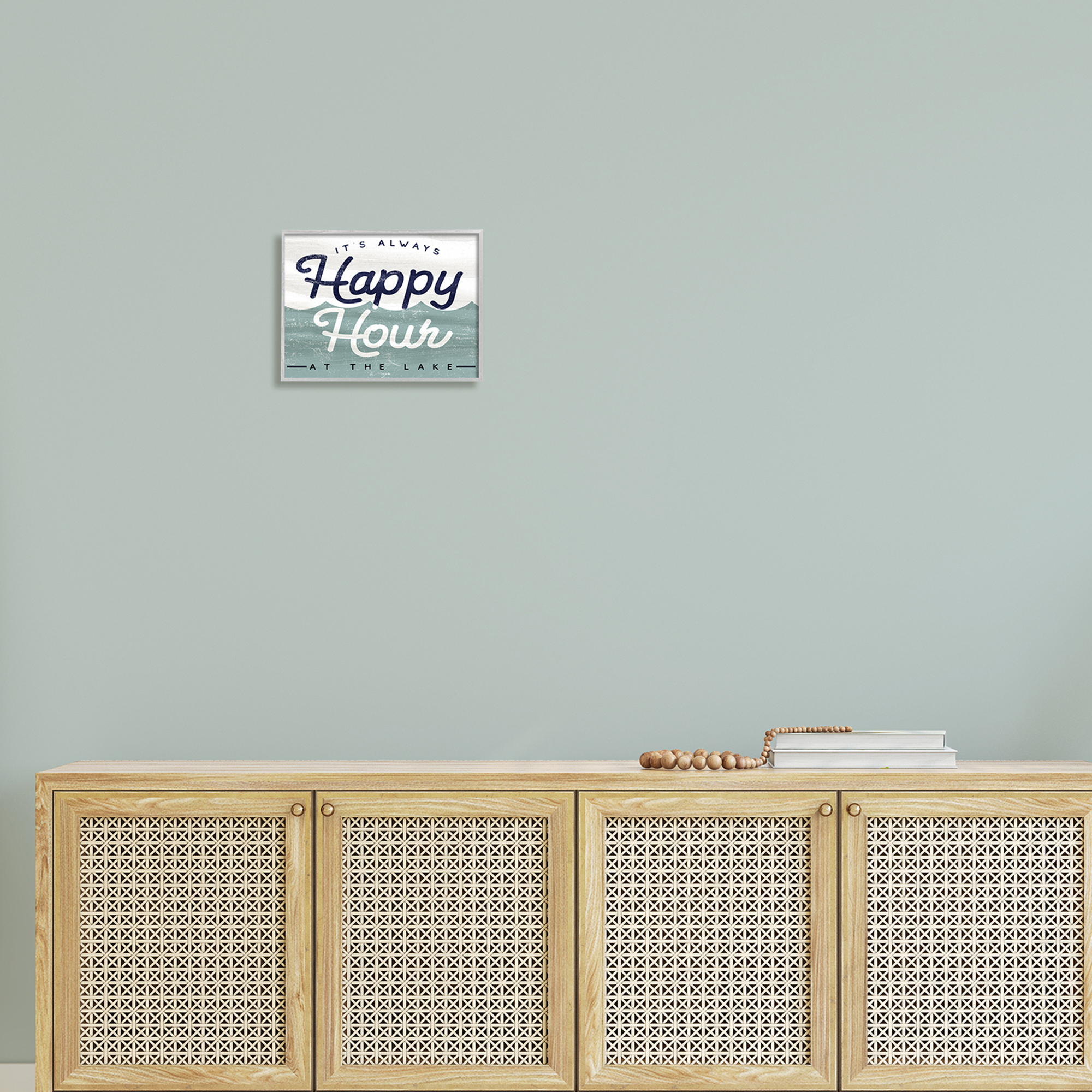 Stupell Industries Always Happy Hour Vintage Lake House Wave Signage Framed Wall Art, 14 x 11, Design by Lil' Rue
