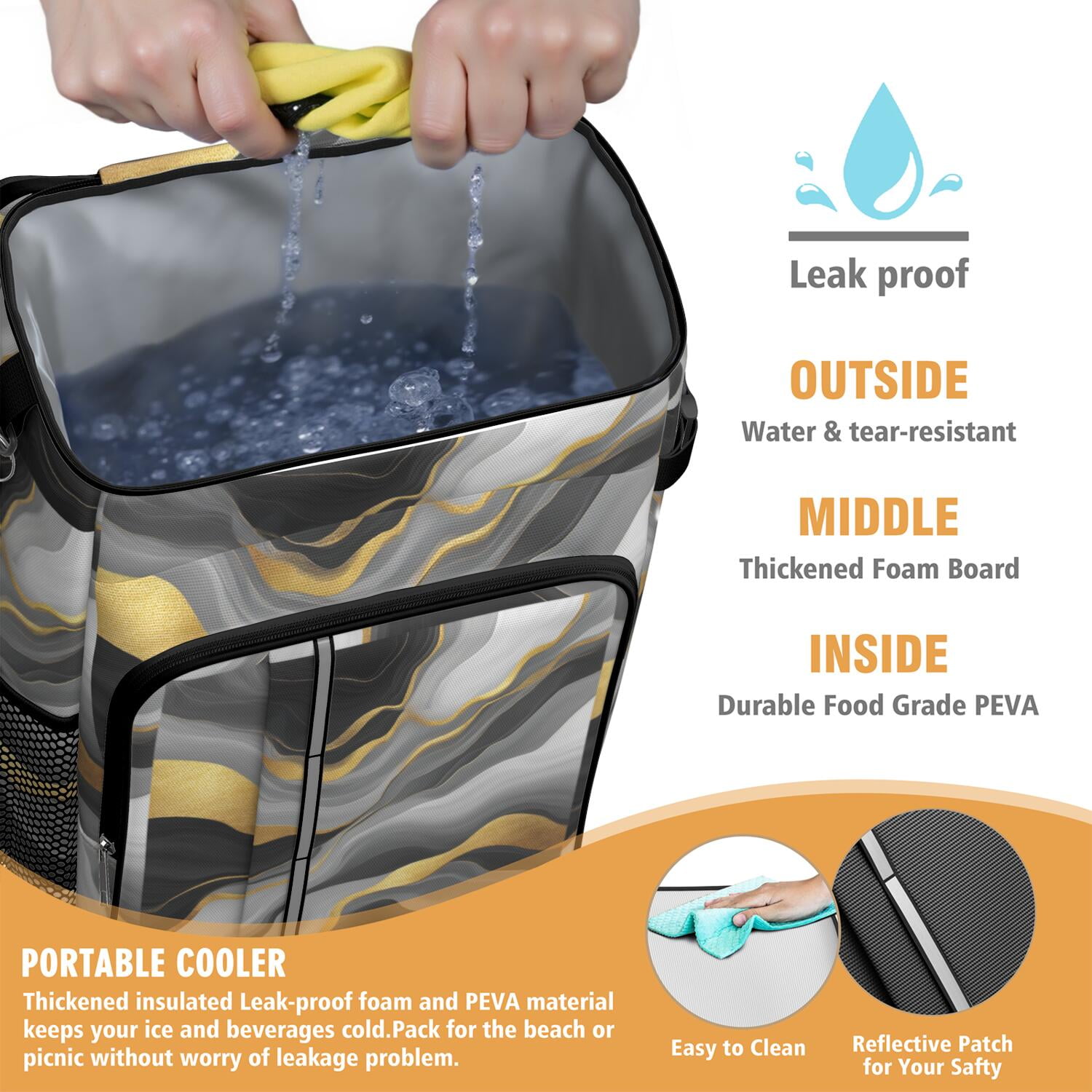 Travel Cooler Bag - Black White and Gold Marble Camping Beer Cooler Backpack with Bottle Opener- Waterproof Insulated Picnic Backpacks - Cooler Bag for Beach