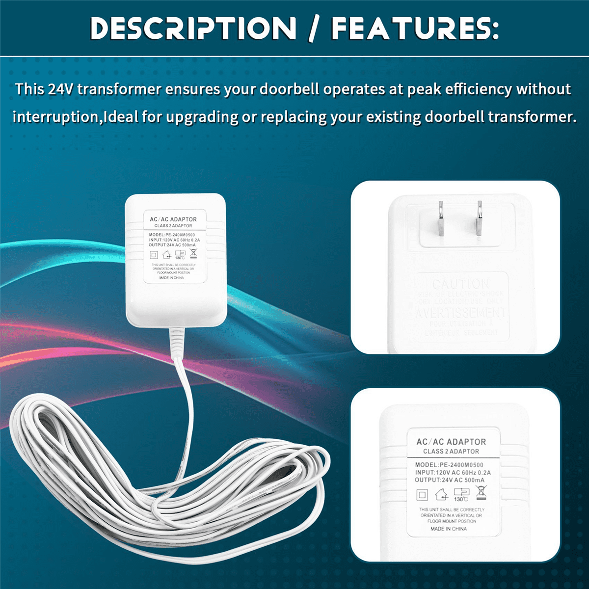 2X 24V Doorbell Transformer Adapter for Video Doorbells, Enhanced Performance & Easy Installation US PLUG,2 x Doorbell Transformer,White