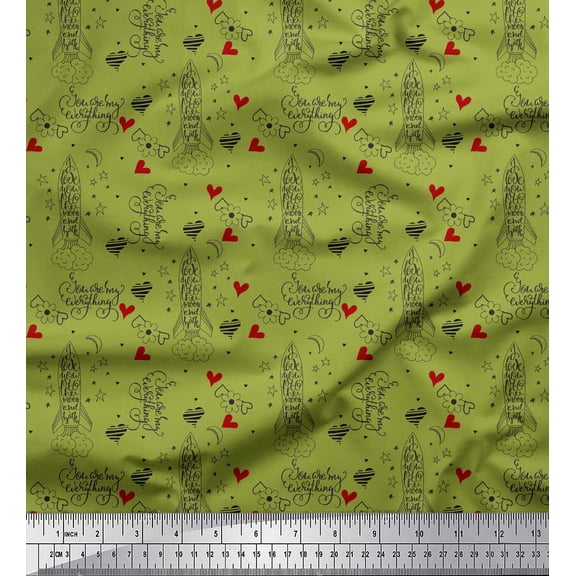 Soimoi Green Velvet Fabric Rocket & You Are My Everything Text Print Sewing Fabric Yard 58 Inch Wide