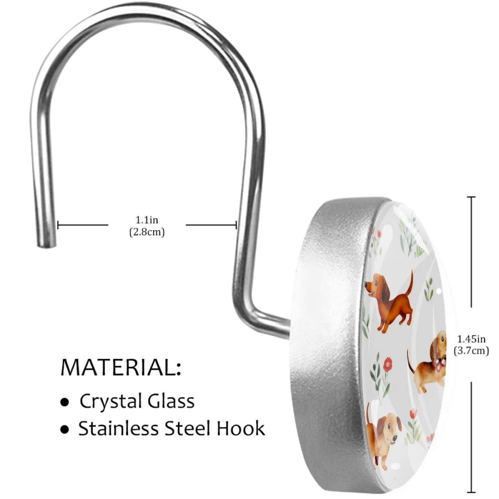 Dachshunds Run with Flowers Shower Curtain Hooks Round Crystal Glass, Set of 12 Shower Curtain Rings - Shower Hooks for Curtain Shower Rings