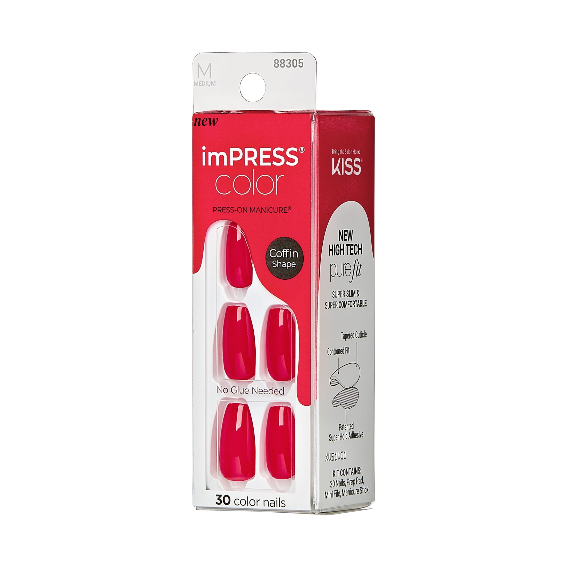 KISS imPRESS Color Long-Lasting Medium Coffin Press-On Nails, Solid Red, 30 Pieces