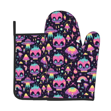 

KLL cartoon Skull rainbow space Pattern Oven Mitts and Pot Holders 2pcs Sets for Kitchen Oven Mitt Heat Resistant 536°F Oven Gloves for Kitchen Cooking and Baking